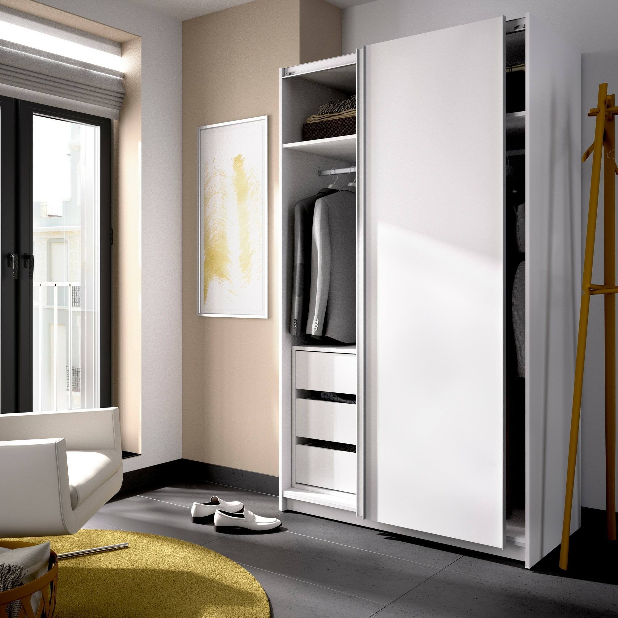 Guardaroba Alaika, Mobile appendiabiti per camera da letto, Armadio a 2 ante scorrevoli, 120x65h204 cm, Bianco