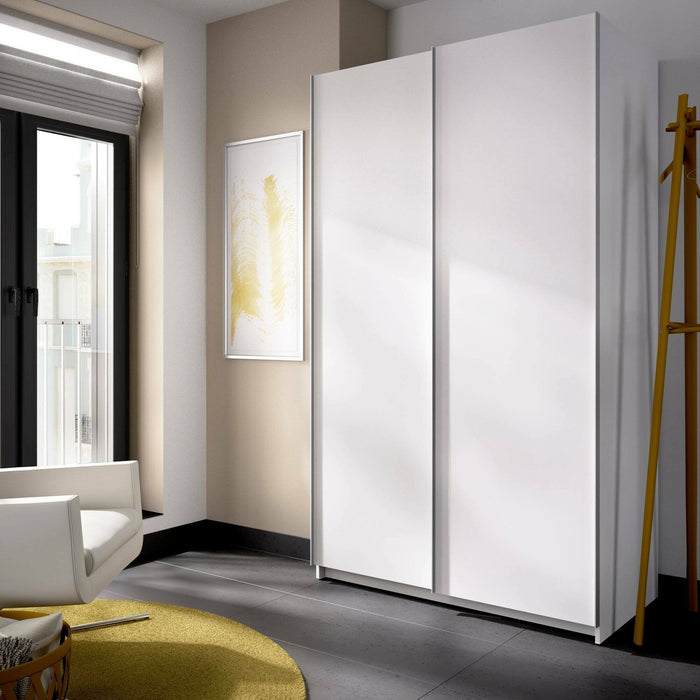 Guardaroba Alaika, Mobile appendiabiti per camera da letto, Armadio a 2 ante scorrevoli, 120x65h204 cm, Bianco
