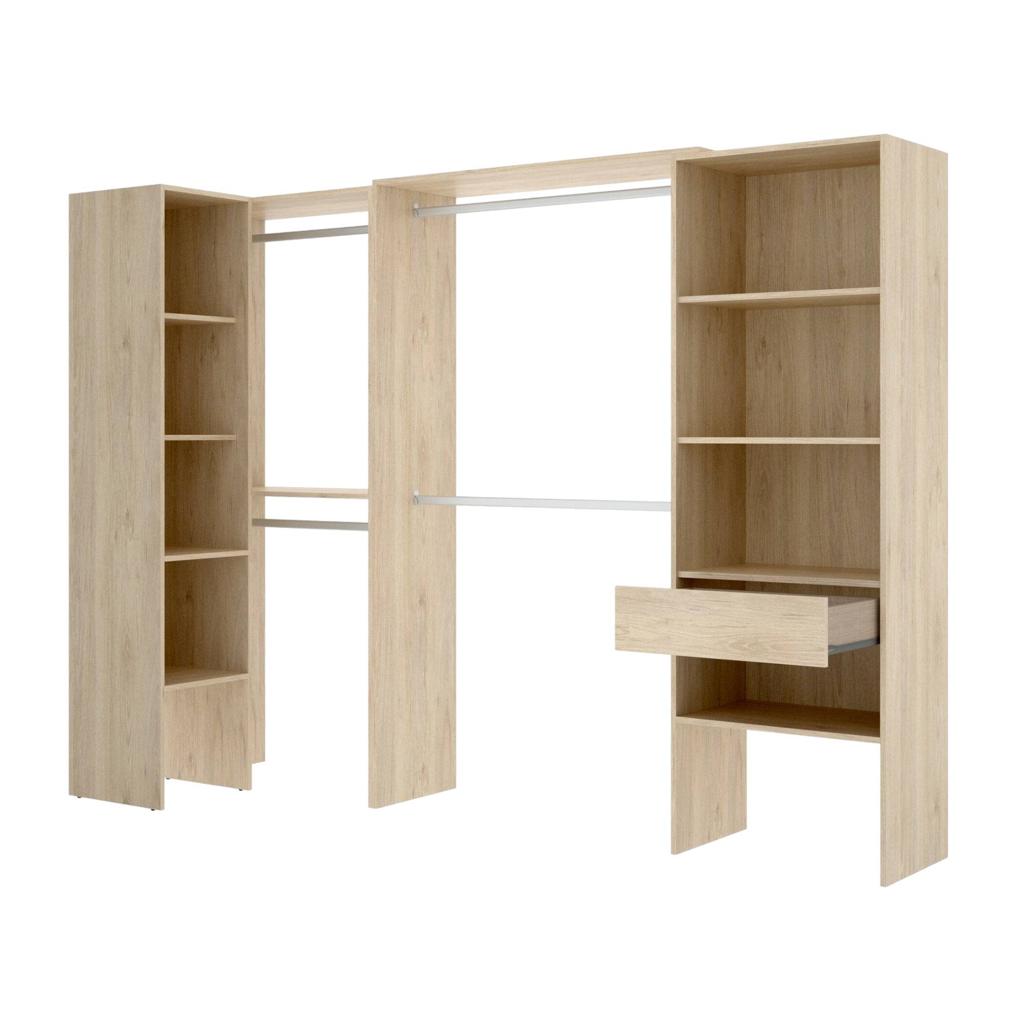 Guardaroba Florita, Struttura per cabina armadio angolare, Mobile appendiabiti aperto ad angolo, 248x79h187 cm, Rovere