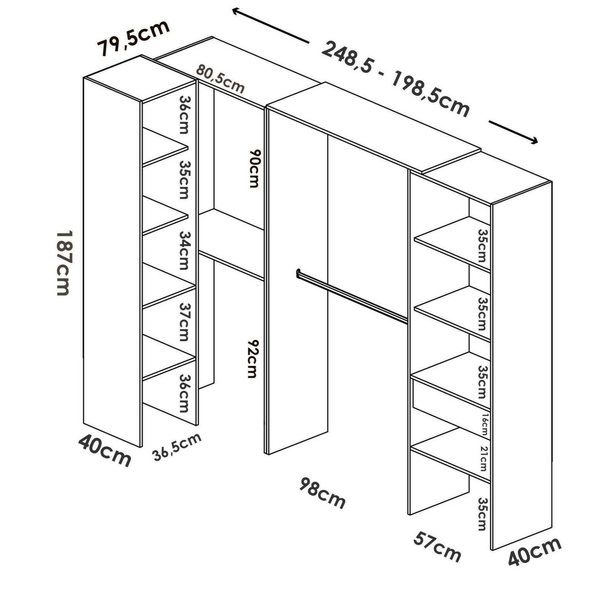 Guardaroba Florita, Struttura per cabina armadio angolare, Mobile appendiabiti aperto ad angolo, 248x79h187 cm, Rovere
