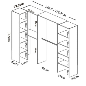 Guardaroba Florita, Struttura per cabina armadio angolare, Mobile appendiabiti aperto ad angolo, 248x79h187 cm, Rovere