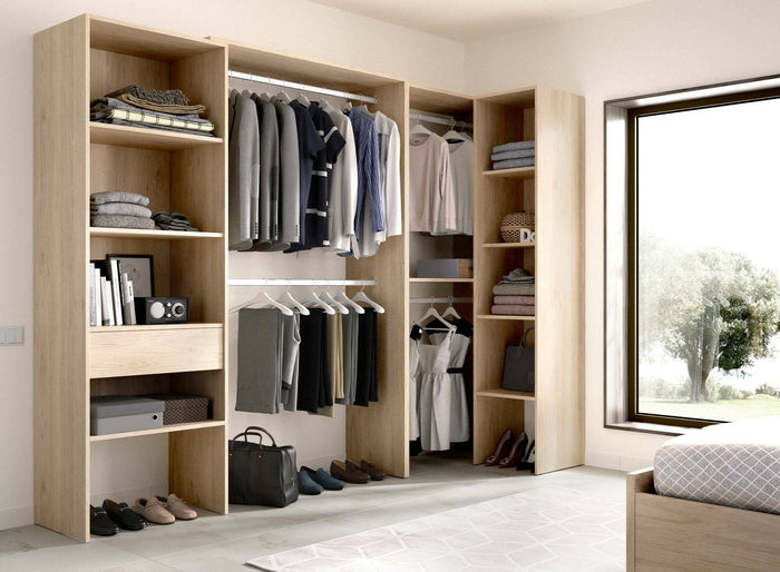 Guardaroba Florita, Struttura per cabina armadio angolare, Mobile appendiabiti aperto ad angolo, 248x79h187 cm, Rovere