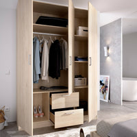 Guardaroba Ales, Mobile appendiabiti per camera da letto, Armadio a 3 ante battenti e 2 cassetti, 150x52h215 cm, Rovere