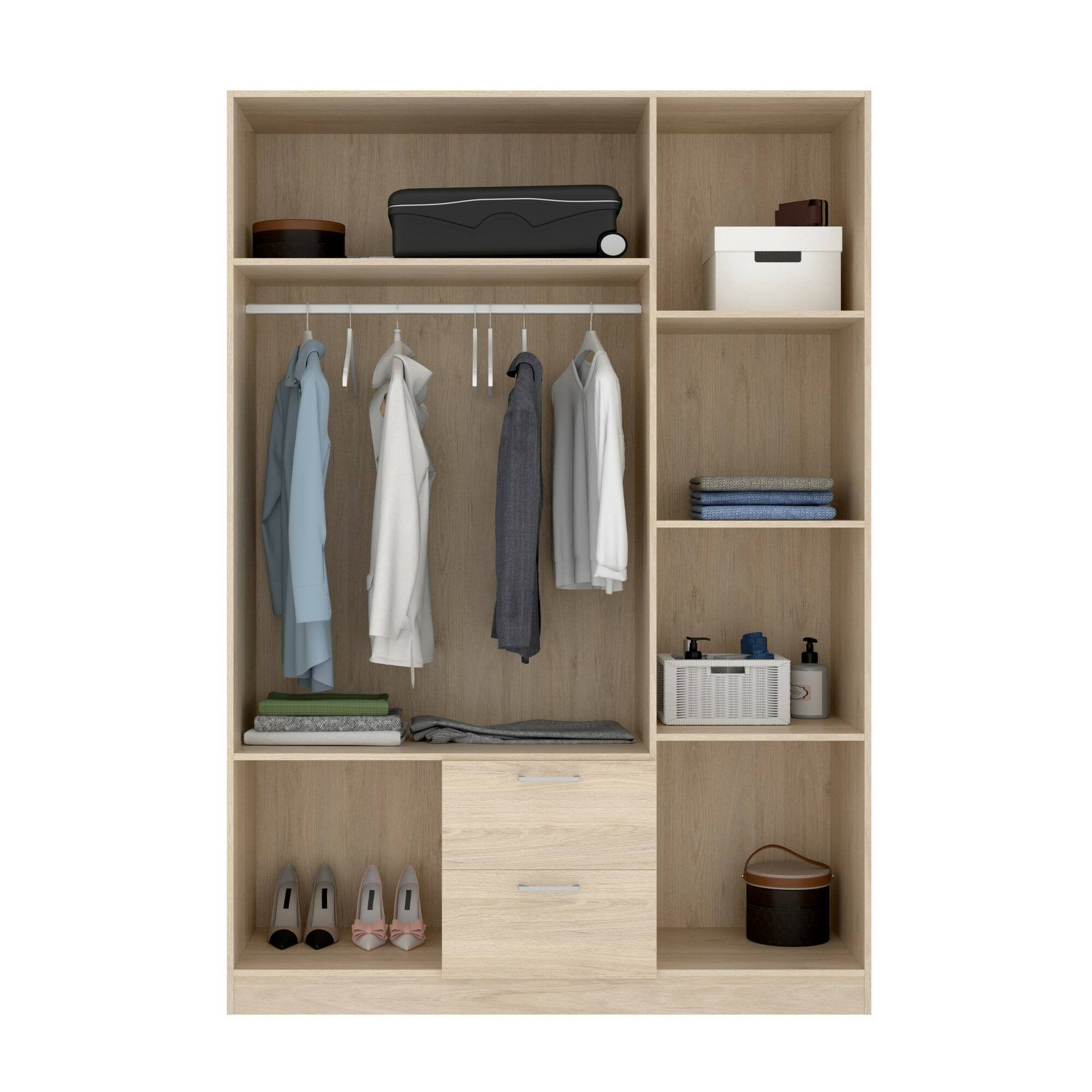 Guardaroba Ales, Mobile appendiabiti per camera da letto, Armadio a 3 ante battenti e 2 cassetti, 150x52h215 cm, Rovere