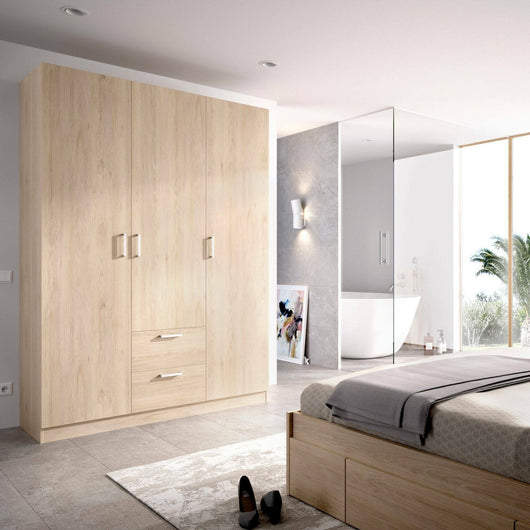 Guardaroba Ales, Mobile appendiabiti per camera da letto, Armadio a 3 ante battenti e 2 cassetti, 150x52h215 cm, Rovere