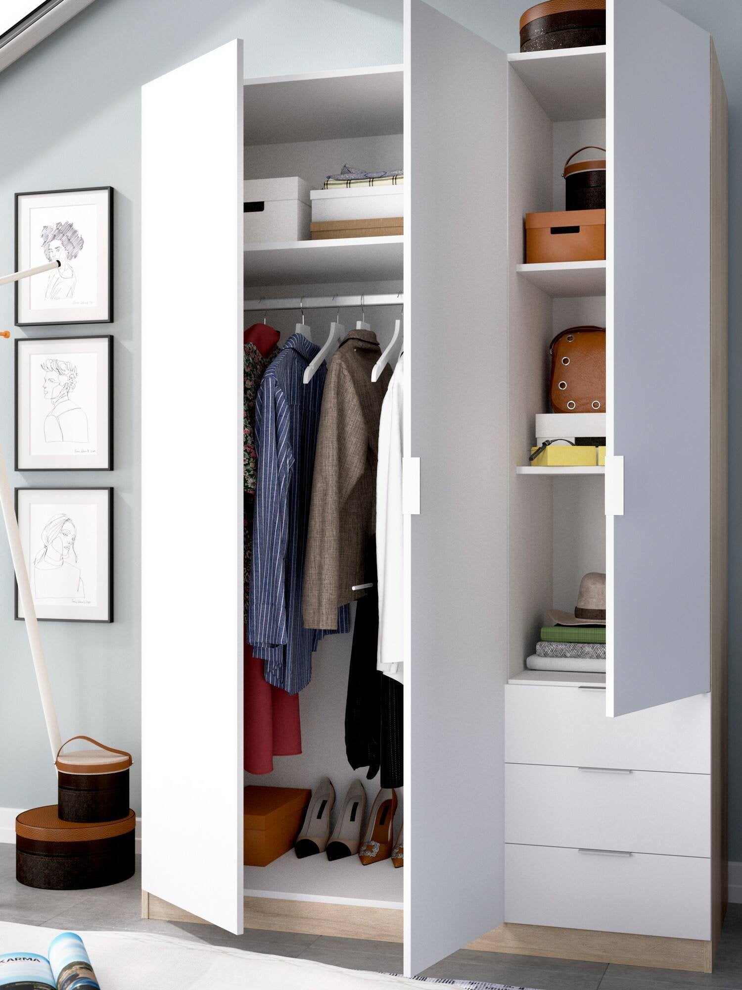 Guardaroba Astru, Mobile appendiabiti per camera da letto, Armadio a 3 ante battenti e 3 cassetti, 121x52h184 cm, Bianco e Rovere