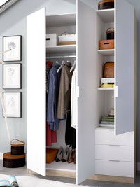 Guardaroba Astru, Mobile appendiabiti per camera da letto, Armadio a 3 ante battenti e 3 cassetti, 121x52h184 cm, Bianco e Rovere