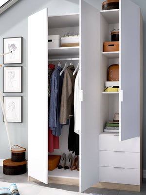 Guardaroba Astru, Mobile appendiabiti per camera da letto, Armadio a 3 ante battenti e 3 cassetti, 121x52h184 cm, Bianco e Rovere