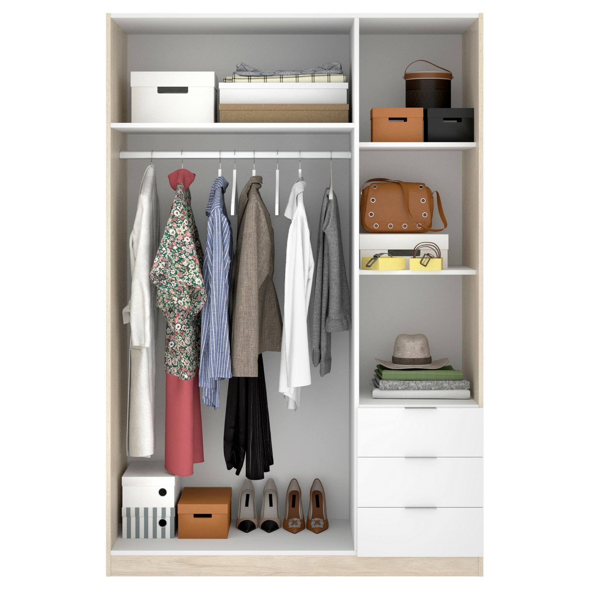 Guardaroba Astru, Mobile appendiabiti per camera da letto, Armadio a 3 ante battenti e 3 cassetti, 121x52h184 cm, Bianco e Rovere
