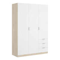 Guardaroba Astru, Mobile appendiabiti per camera da letto, Armadio a 3 ante battenti e 3 cassetti, 121x52h184 cm, Bianco e Rovere