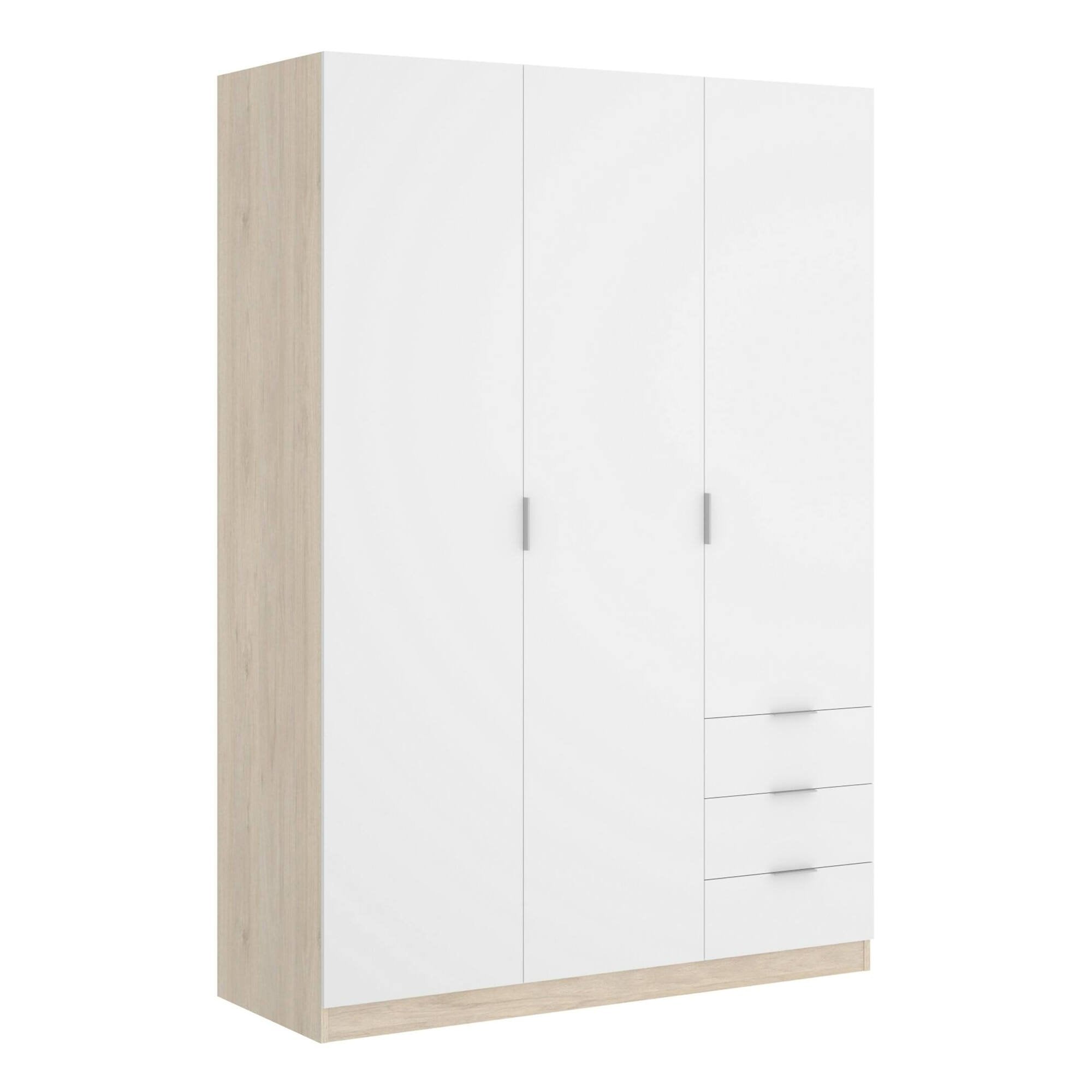 Guardaroba Astru, Mobile appendiabiti per camera da letto, Armadio a 3 ante battenti e 3 cassetti, 121x52h184 cm, Bianco e Rovere