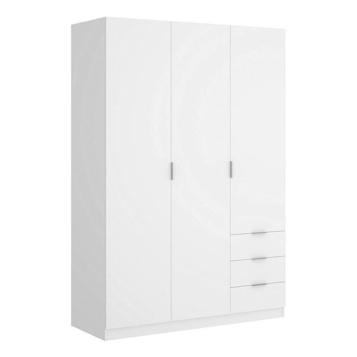 Guardaroba Astru, Mobile appendiabiti per camera da letto, Armadio a 3 ante battenti e 3 cassetti, 121x52h184 cm, Bianco