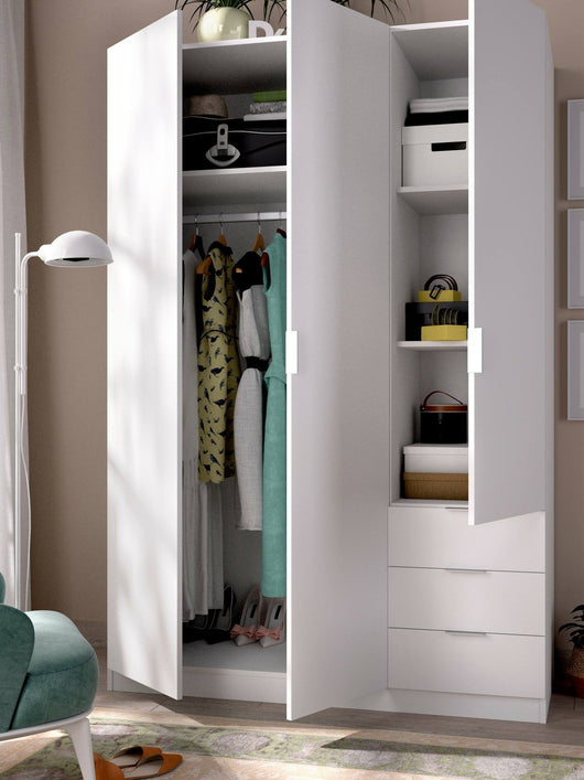 Guardaroba Dnespol, Armadio per camera da letto a 3 ante e 3 cassetti, Mobile con 3 ripiani e barra appendiabiti, cm 121x52h180, Bianco