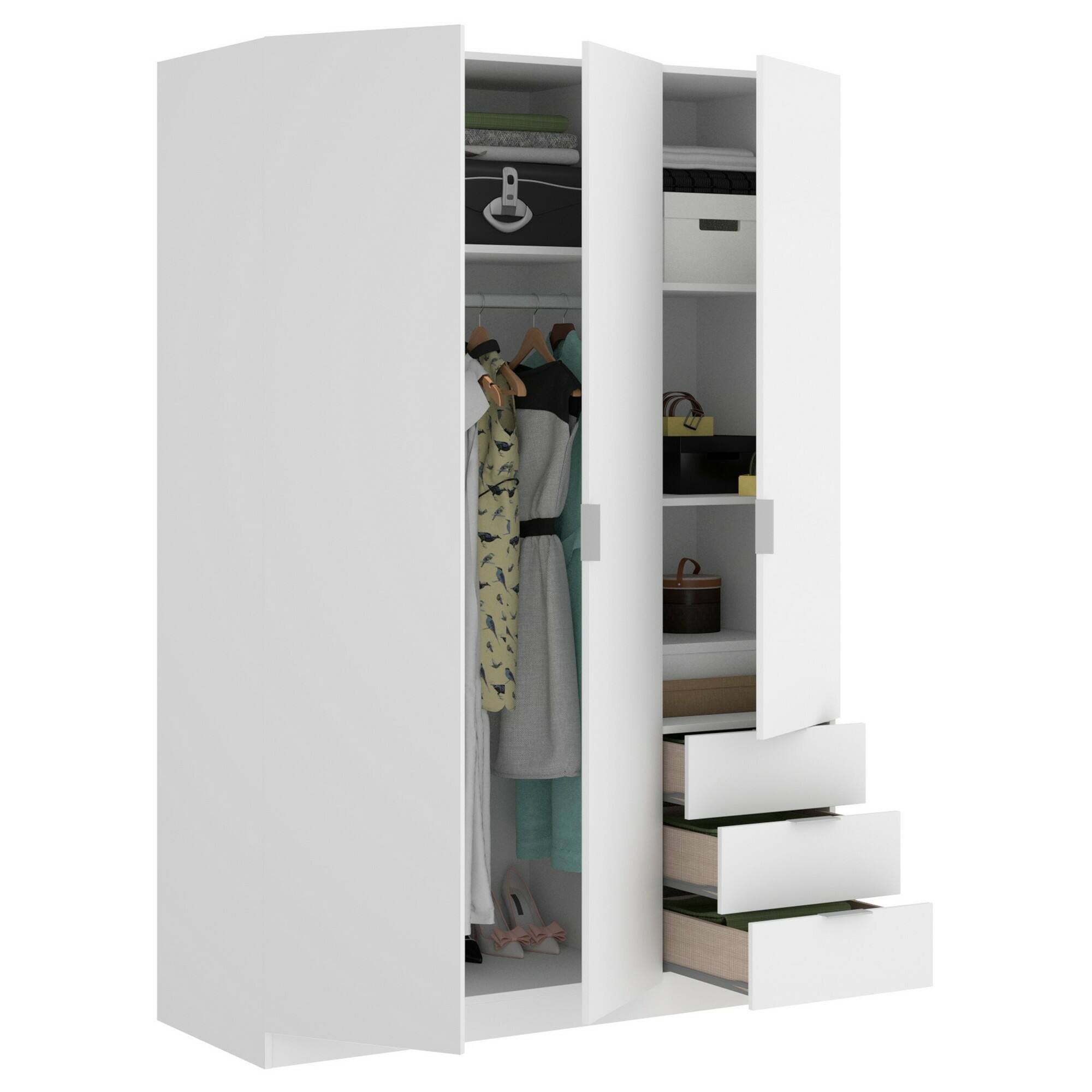 Guardaroba Astru, Mobile appendiabiti per camera da letto, Armadio a 3 ante battenti e 3 cassetti, 121x52h184 cm, Bianco