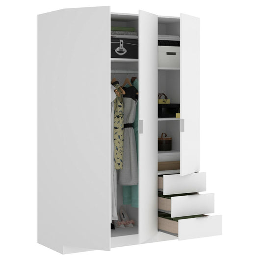 Guardaroba Dnespol, Armadio per camera da letto a 3 ante e 3 cassetti, Mobile con 3 ripiani e barra appendiabiti, cm 121x52h180, Bianco