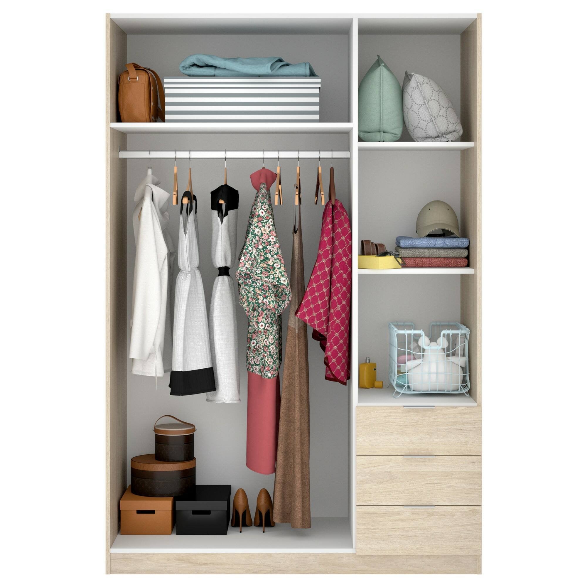 Guardaroba Astru, Mobile appendiabiti per camera da letto, Armadio a 3 ante battenti e 3 cassetti, 121x52h184 cm, Rovere
