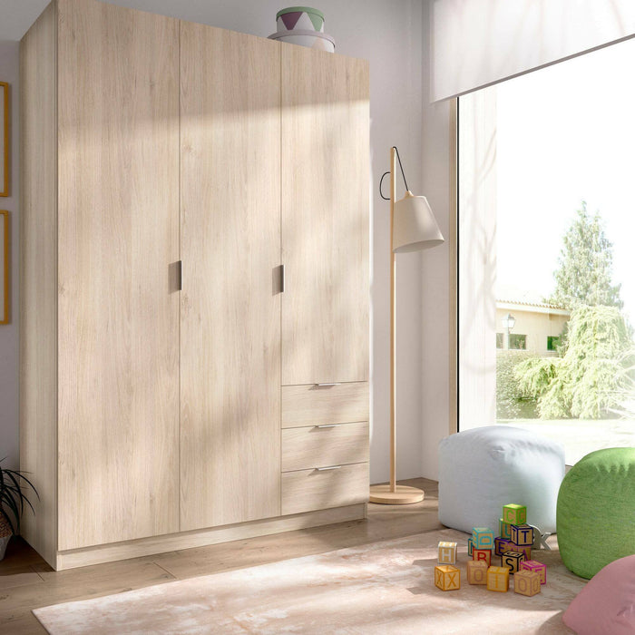 Guardaroba Astru, Mobile appendiabiti per camera da letto, Armadio a 3 ante battenti e 3 cassetti, 121x52h184 cm, Rovere