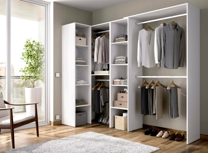 Guardaroba Antilope, Struttura per cabina armadio angolare, Mobile appendiabiti aperto ad angolo, 228x79h187 cm, Bianco