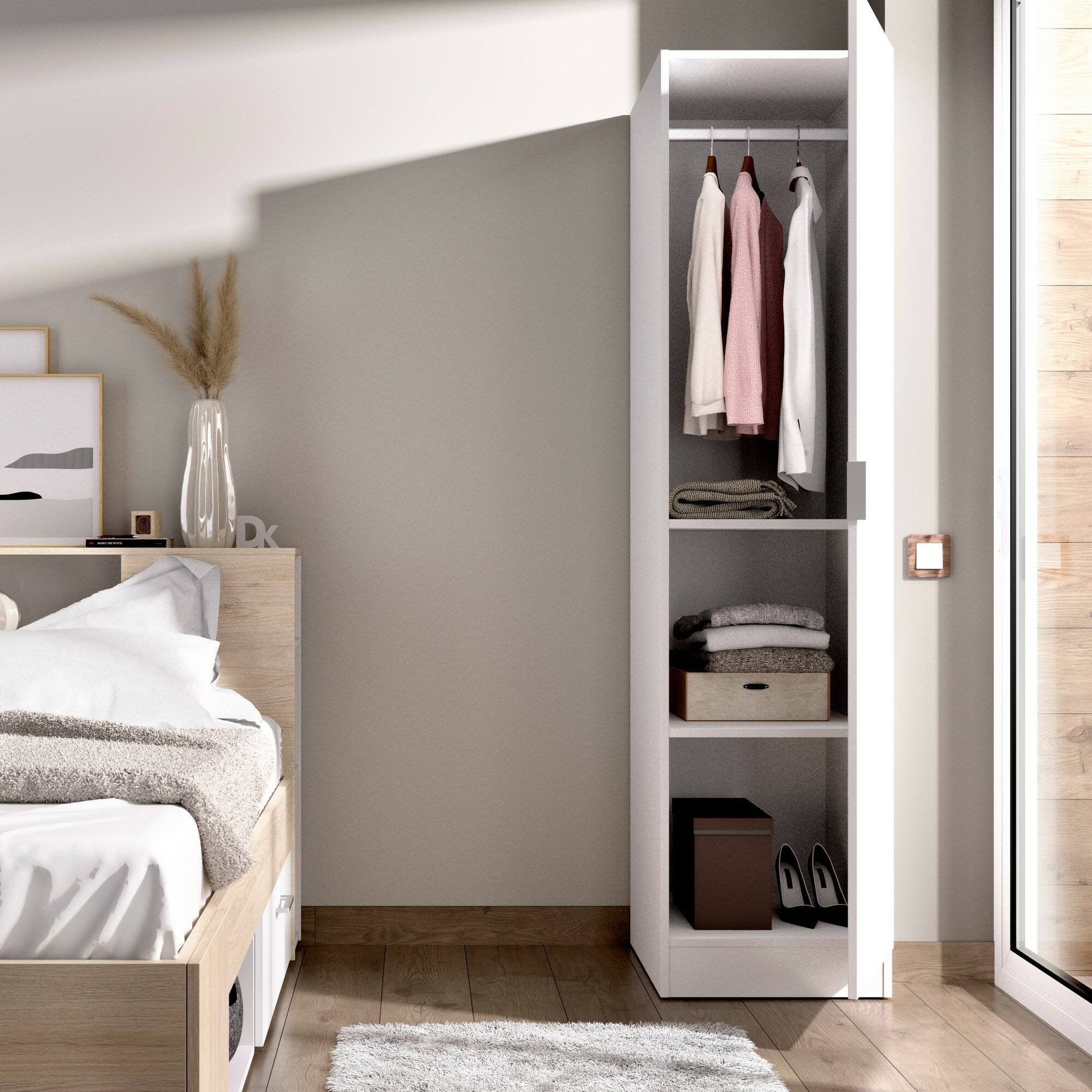 Guardaroba Nxy, Mobile appendiabiti per camera da letto, Armadio a 1 anta singola, 41x52h184 cm, Bianco