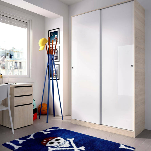 Guardaroba Alyson, Mobile appendiabiti per camera da letto, Armadio a 2 ante scorrevoli, 120x50h204 cm, Bianco e Rovere