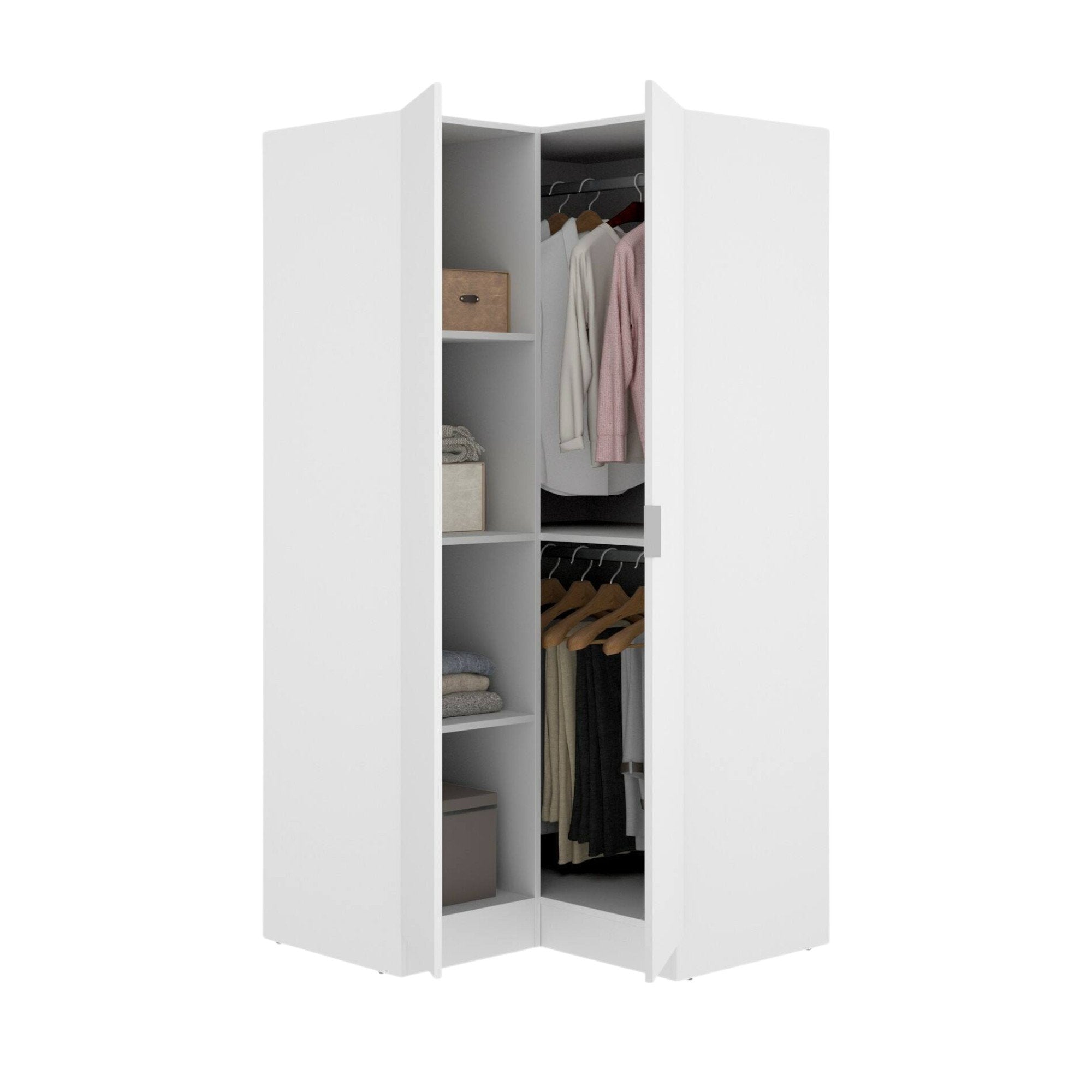 Guardaroba Aser, Mobile angolare per camera da letto, Armadio appendiabiti ad angolo a 2 ante battenti, 91x93h184 cm, Bianco