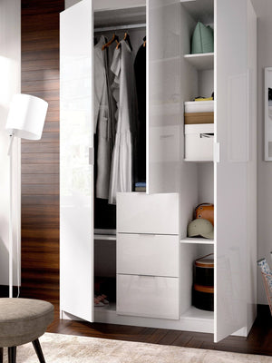 Guardaroba Anabela, Mobile appendiabiti per camera da letto, Armadio a 3 ante battenti e 3 cassetti, 135x52h204 cm, Bianco