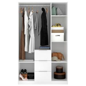 Guardaroba Anabela, Mobile appendiabiti per camera da letto, Armadio a 3 ante battenti e 3 cassetti, 135x52h204 cm, Bianco