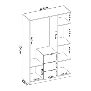 Guardaroba Anabela, Mobile appendiabiti per camera da letto, Armadio a 3 ante battenti e 3 cassetti, 135x52h204 cm, Bianco