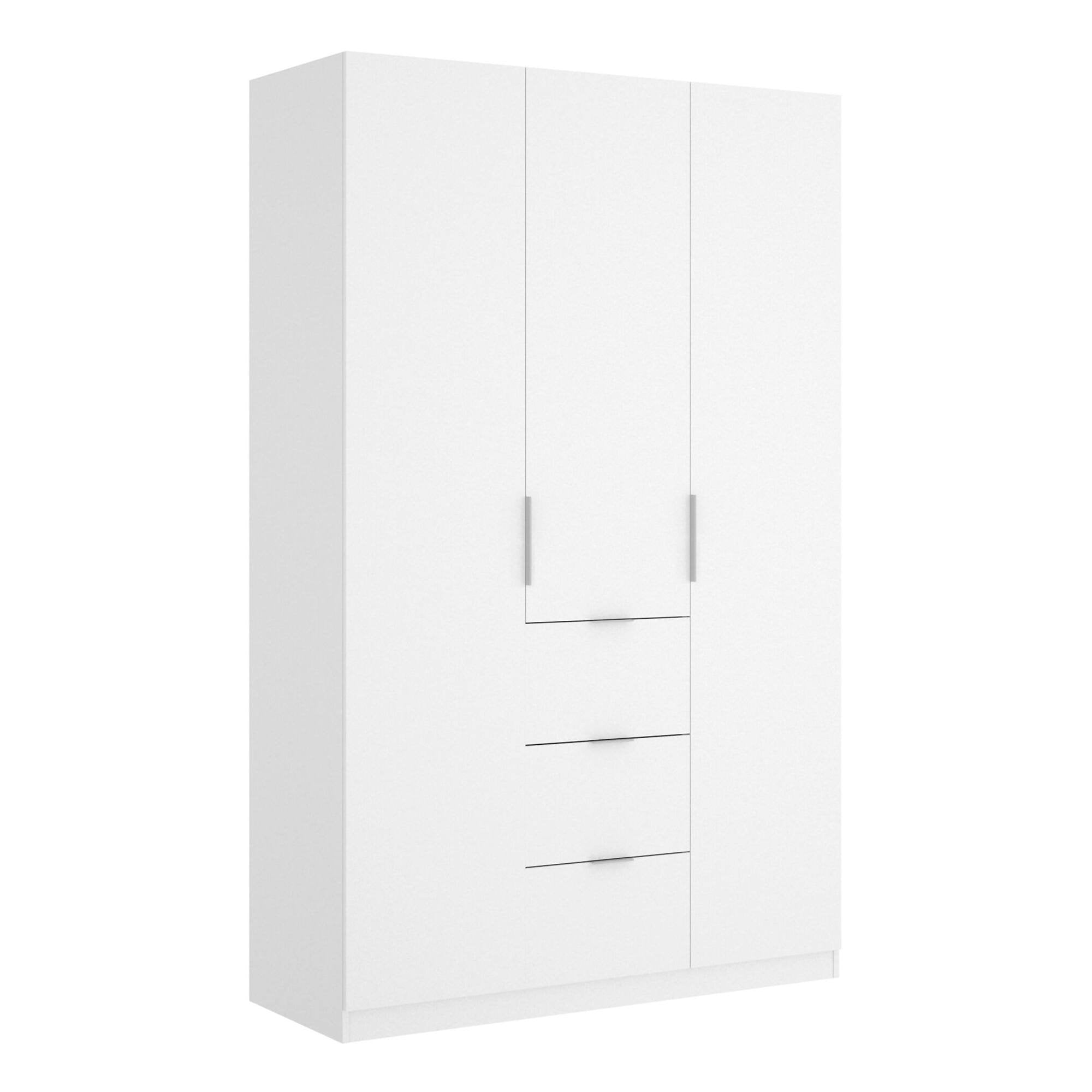 Guardaroba Anabela, Mobile appendiabiti per camera da letto, Armadio a 3 ante battenti e 3 cassetti, 135x52h204 cm, Bianco