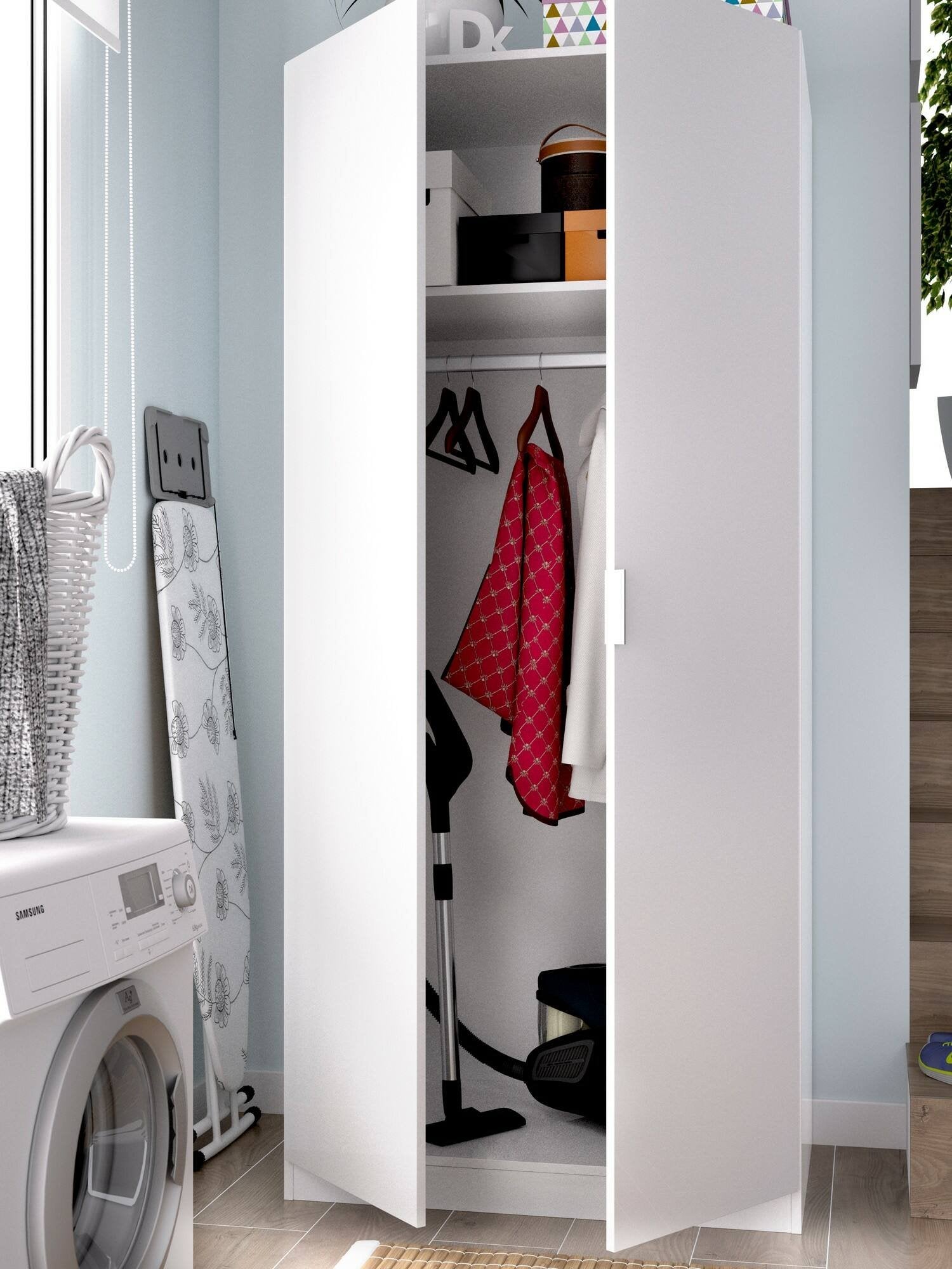 Guardaroba Artu, Mobile appendiabiti per camera da letto, Armadio a 2 ante battenti, 81x52h184 cm, Bianco