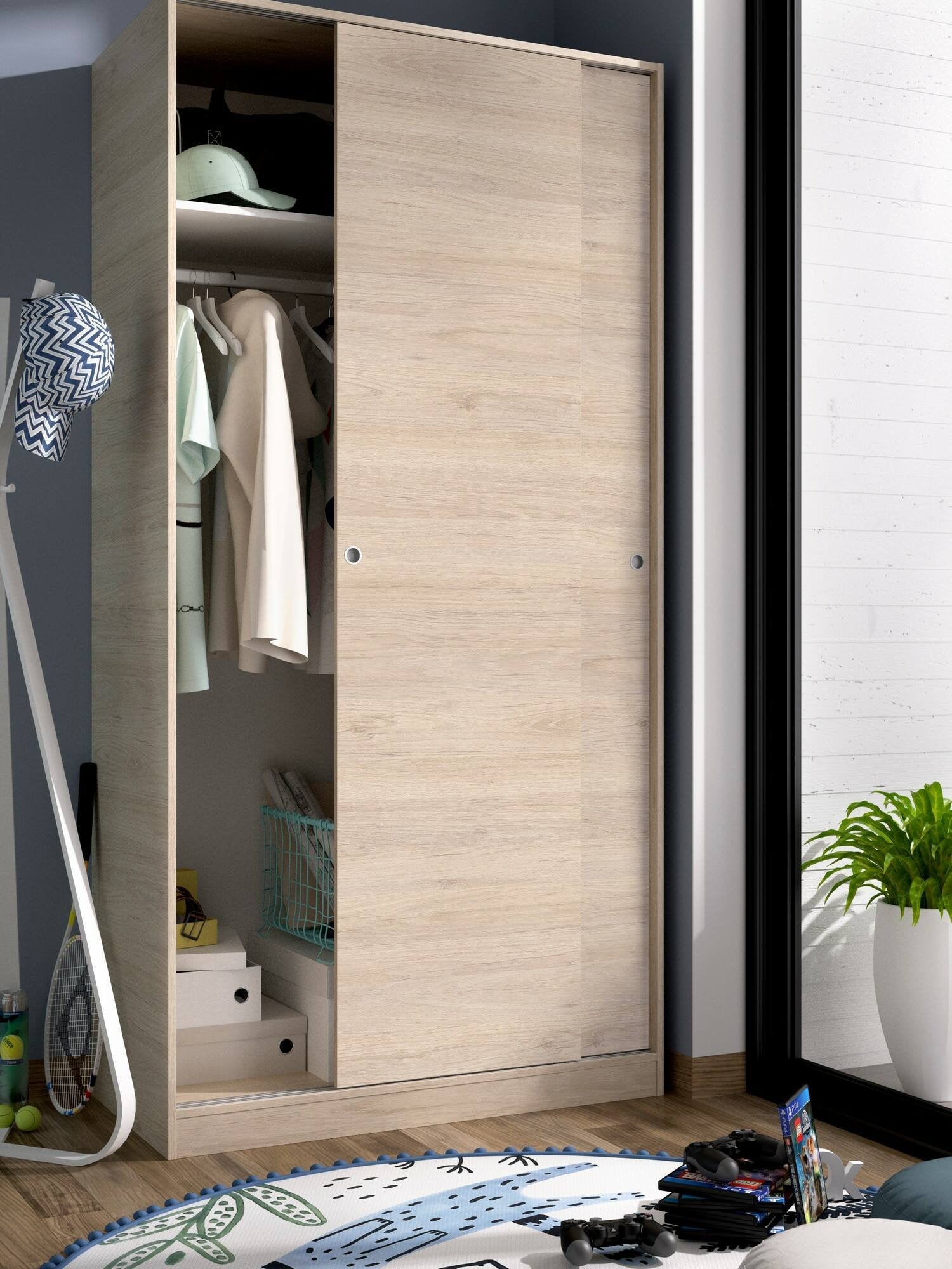 Guardaroba Abigale, Mobile appendiabiti per camera da letto, Armadio con 2 ante scorrevoli, 100x50h204 cm, Rovere