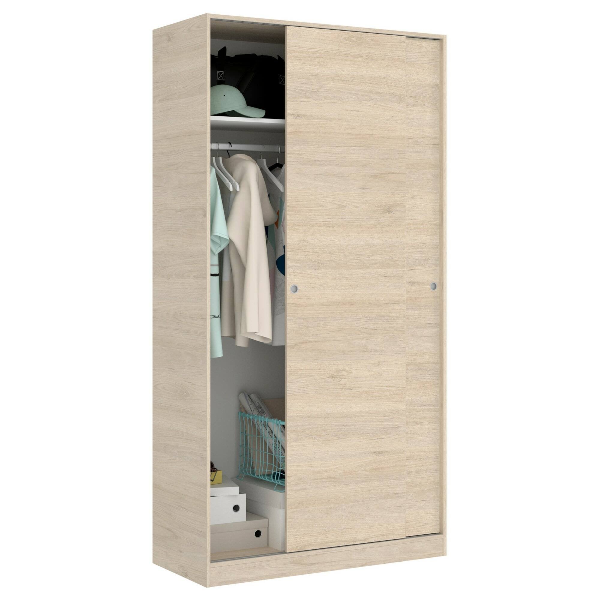 Guardaroba Abigale, Mobile appendiabiti per camera da letto, Armadio con 2 ante scorrevoli, 100x50h204 cm, Rovere