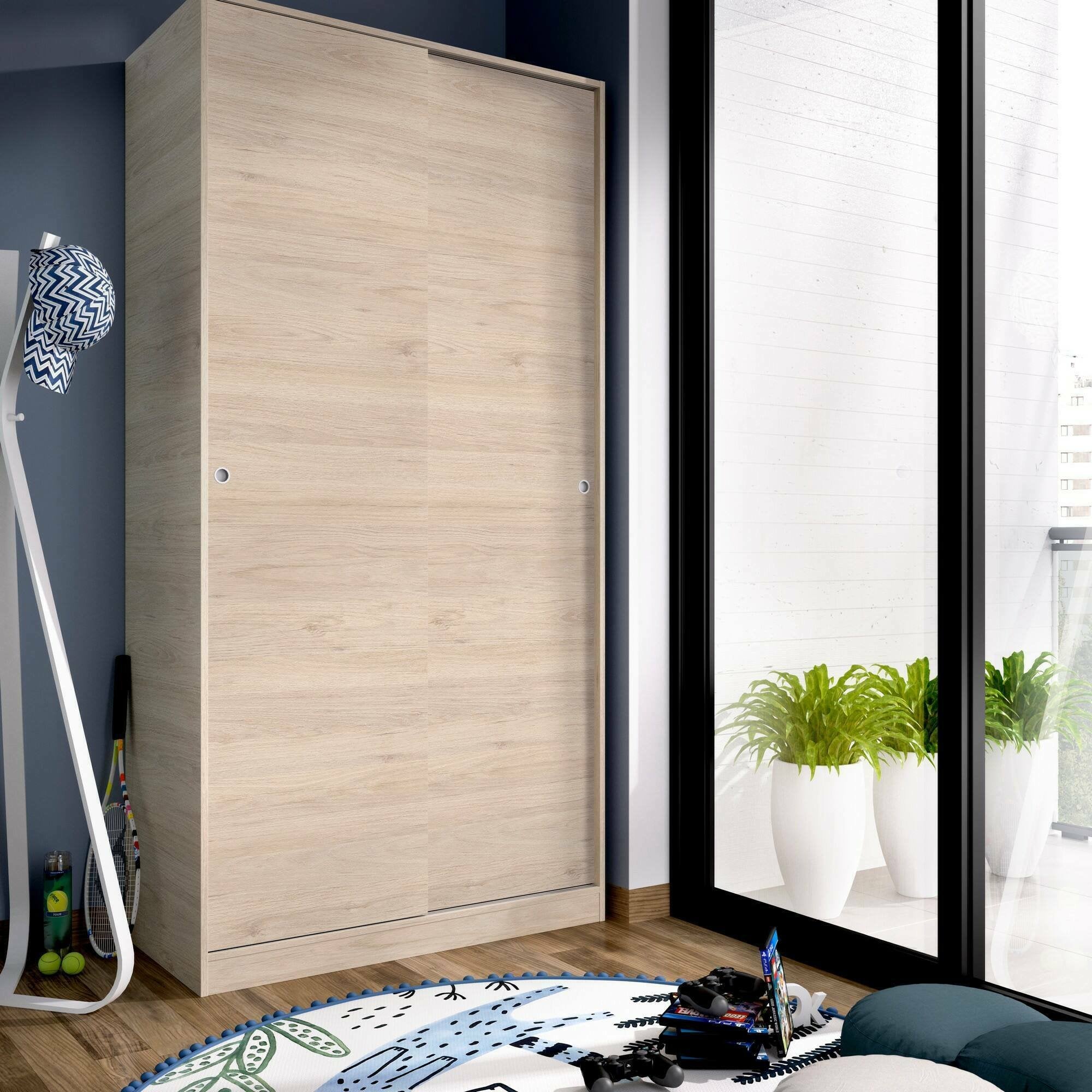 Guardaroba Abigale, Mobile appendiabiti per camera da letto, Armadio con 2 ante scorrevoli, 100x50h204 cm, Rovere