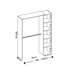 Guardaroba Acquata, Struttura per cabina armadio, Mobile appendiabiti aperto, 140x40h187 cm, Bianco