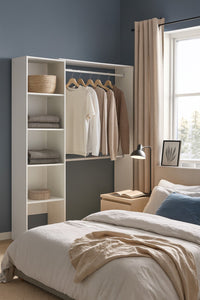 Guardaroba Acquata, Struttura per cabina armadio, Mobile appendiabiti aperto, 140x40h187 cm, Bianco