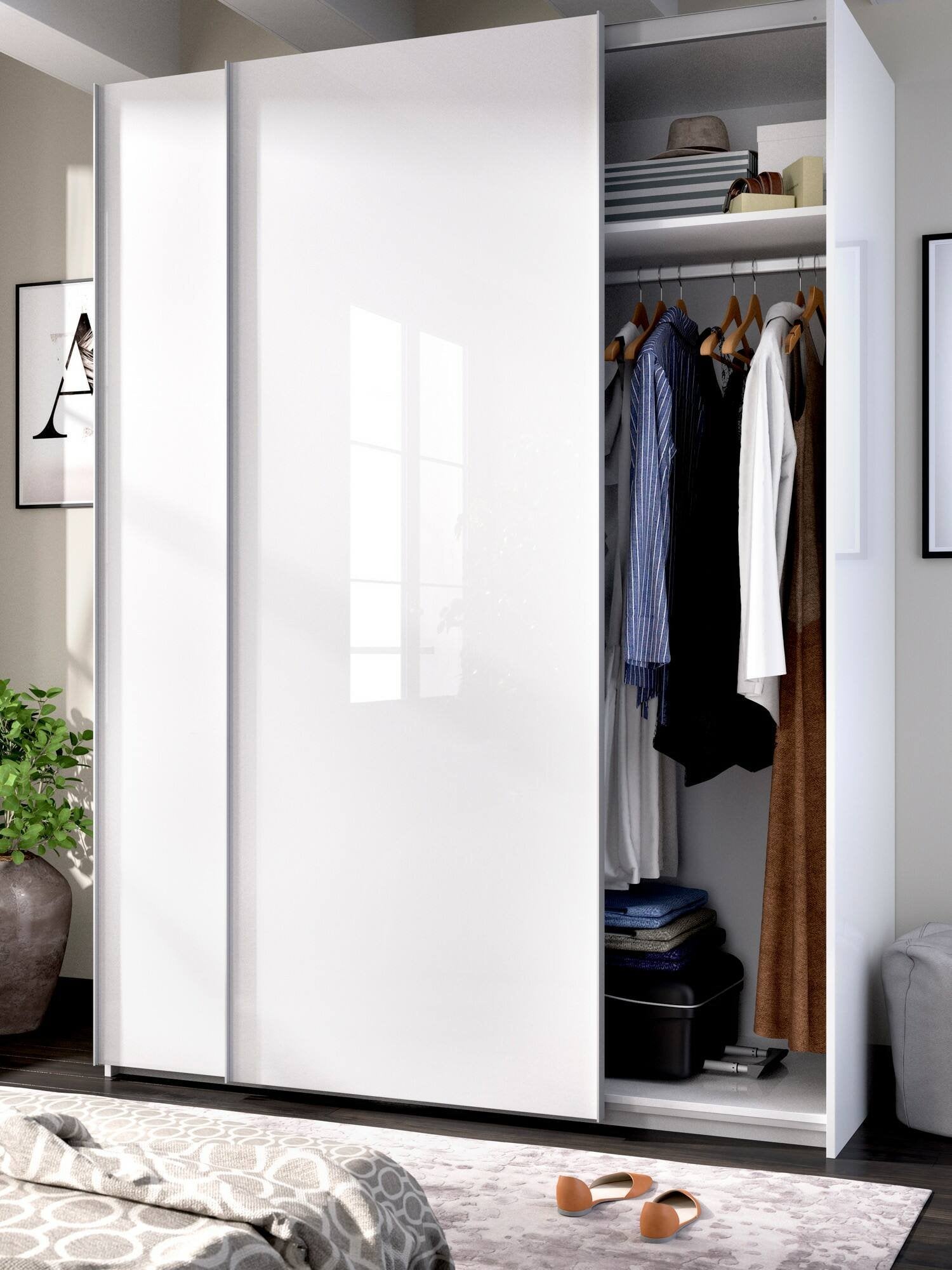 Guardaroba Anda, Mobile appendiabiti per camera da letto, Armadio a 2 ante scorrevoli, 150x65h204 cm, Bianco