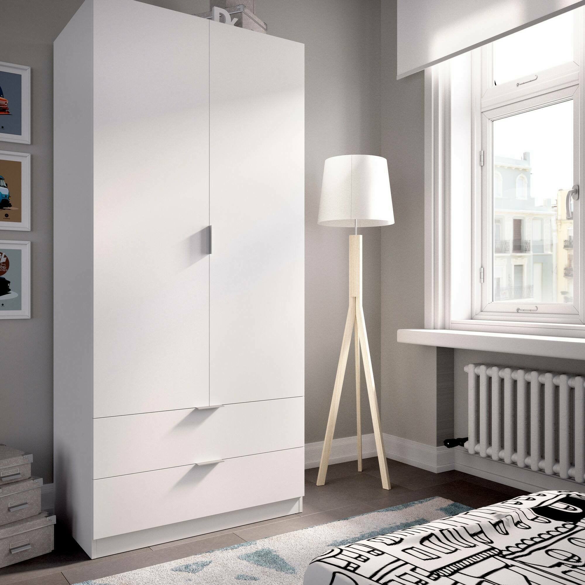 Guardaroba Anya, Mobile appendiabiti per camera da letto, Armadio a 2 ante battenti e 2 cassetti, 81x52h184 cm, Bianco