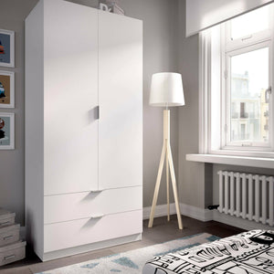 Guardaroba Anya, Mobile appendiabiti per camera da letto, Armadio a 2 ante battenti e 2 cassetti, 81x52h184 cm, Bianco