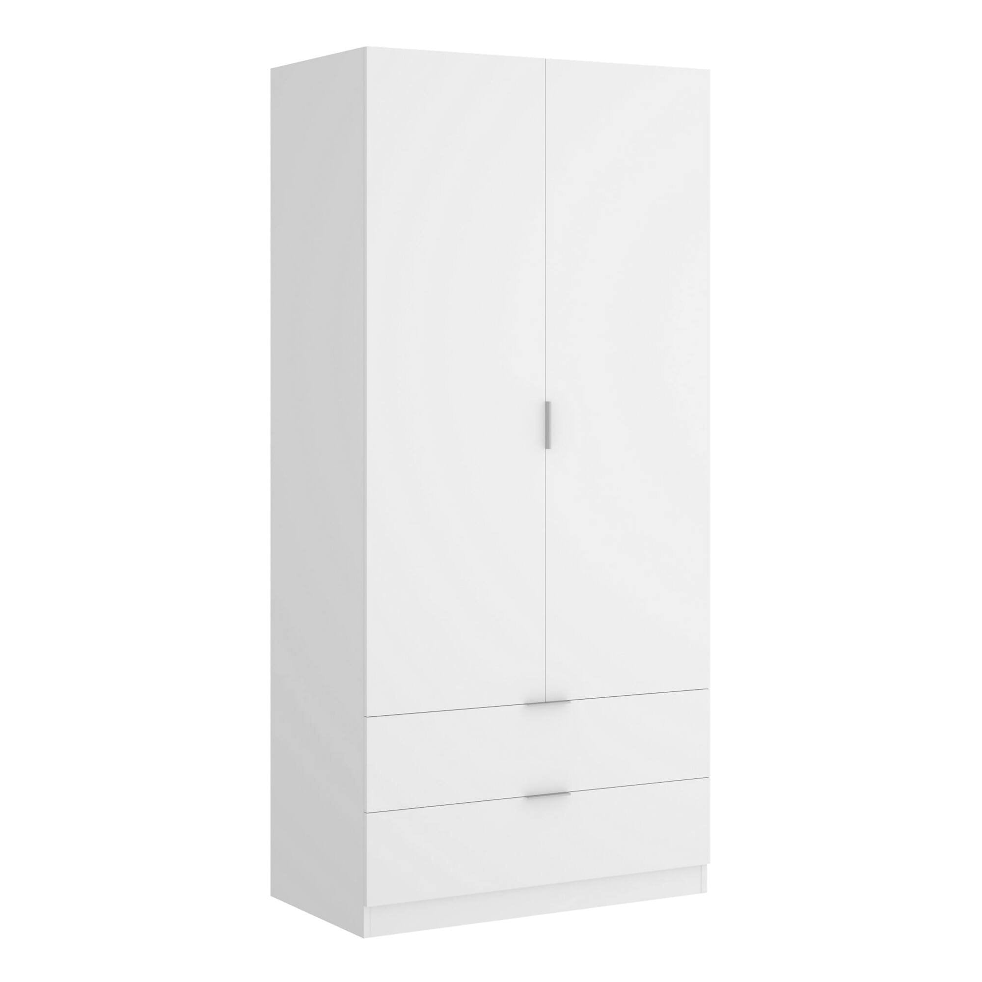 Guardaroba Anya, Mobile appendiabiti per camera da letto, Armadio a 2 ante battenti e 2 cassetti, 81x52h184 cm, Bianco