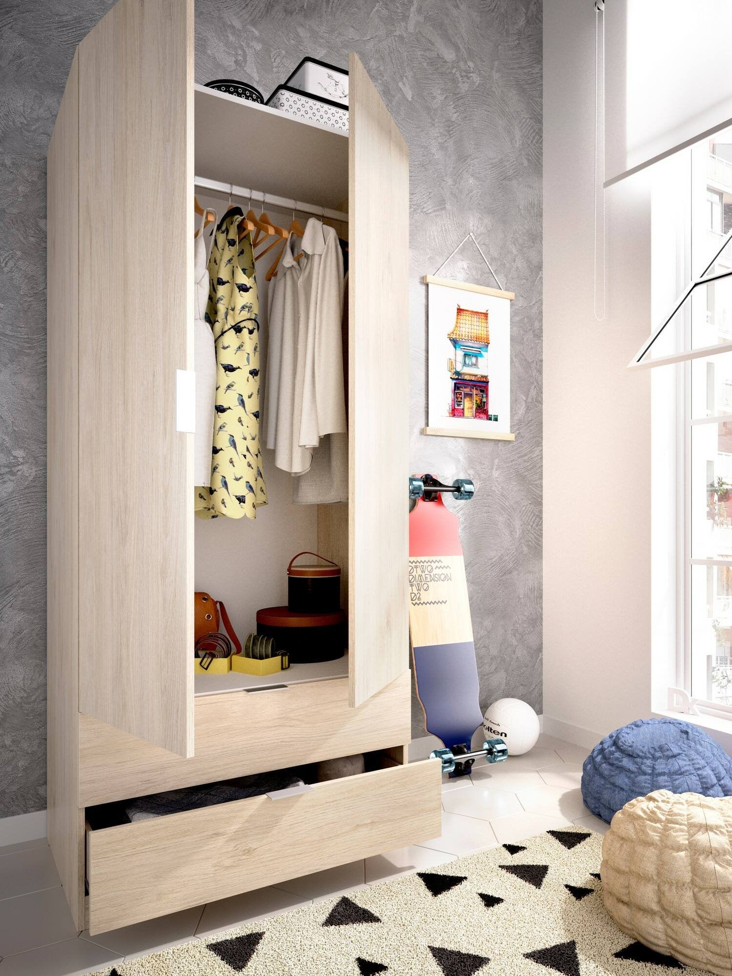 Guardaroba Anya, Mobile appendiabiti per camera da letto, Armadio a 2 ante battenti e 2 cassetti, 81x52h184 cm, Rovere