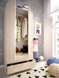 Guardaroba Anya, Mobile appendiabiti per camera da letto, Armadio a 2 ante battenti e 2 cassetti, 81x52h184 cm, Rovere