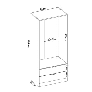 Guardaroba Anya, Mobile appendiabiti per camera da letto, Armadio a 2 ante battenti e 2 cassetti, 81x52h184 cm, Rovere