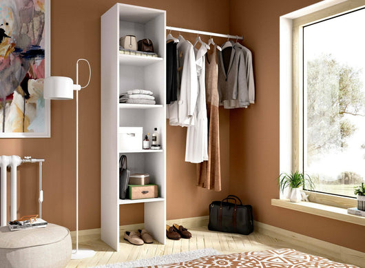 Guardaroba Adler, Struttura per cabina armadio, Mobile appendiabiti aperto, 138x40h186 cm, Bianco