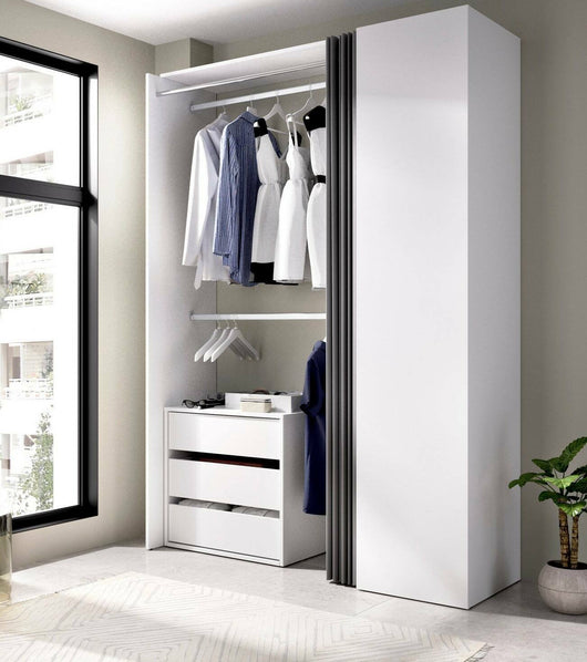 Guardaroba Annuck, Struttura per cabina armadio, Mobile appendiabiti aperto, 141x52h205 cm, Bianco e Antracite