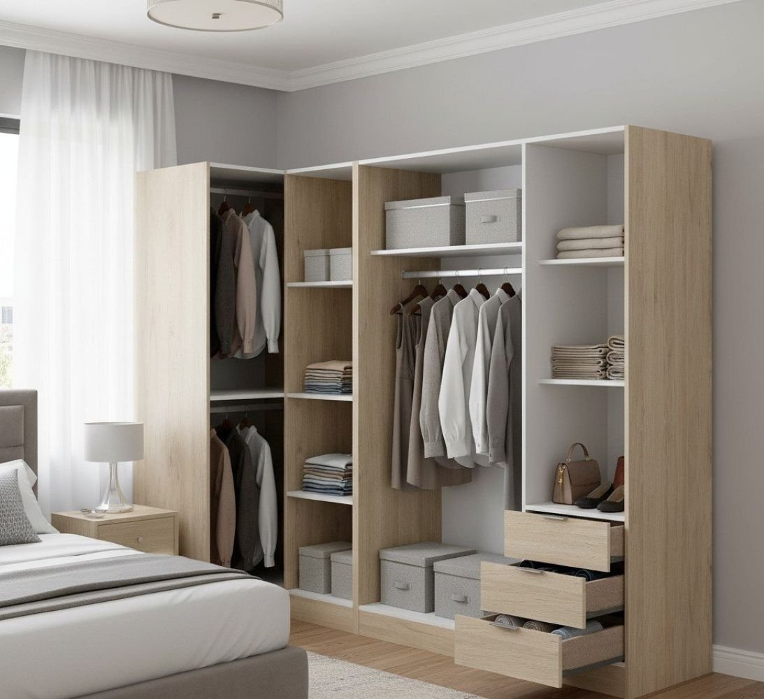 Guardaroba Atena, Mobile angolare per camera da letto, Armadio appendiabiti ad angolo a 5 ante battenti, 214x91h184 cm, Rovere