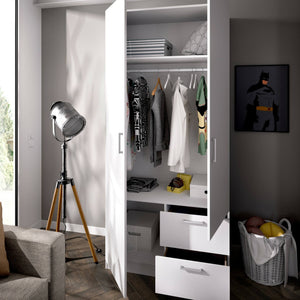 Guardaroba Amp, Mobile appendiabiti per camera da letto, Armadio a 2 ante battenti e 2 cassetti, 100x52h215 cm, Bianco