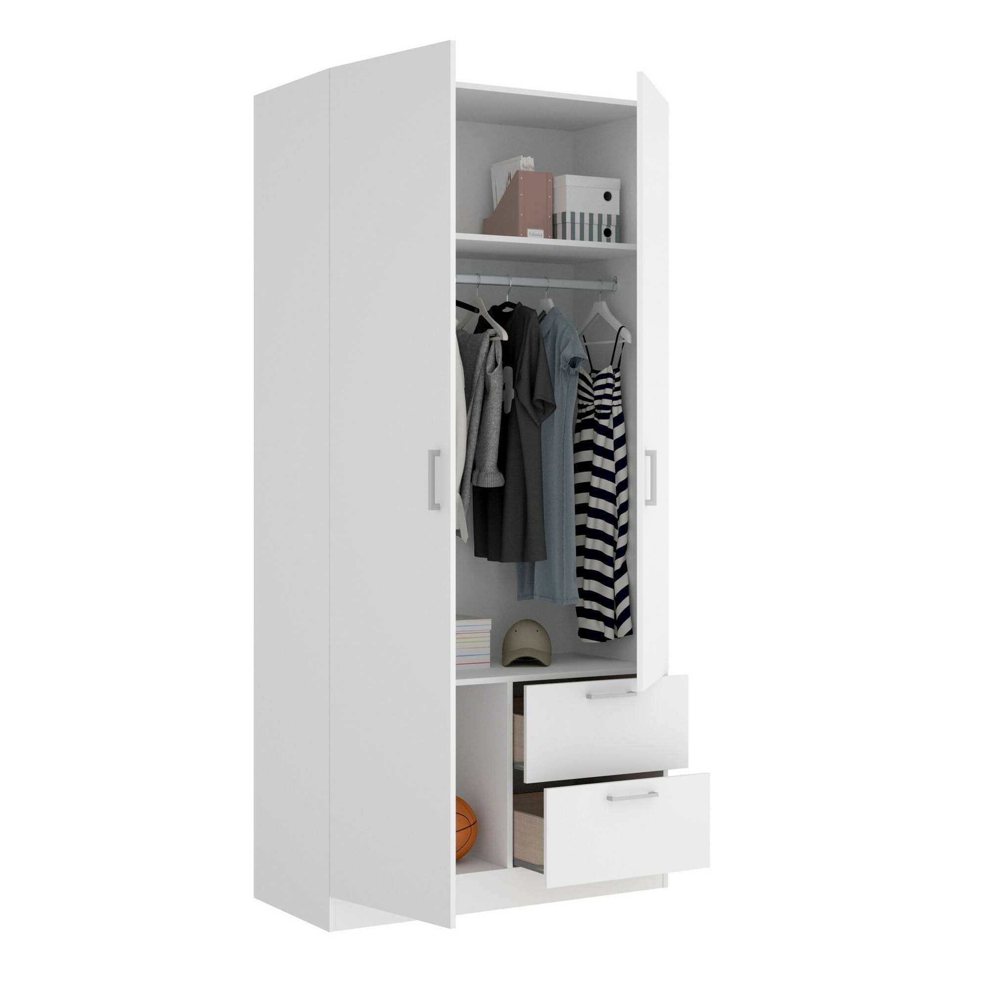 Guardaroba Amp, Mobile appendiabiti per camera da letto, Armadio a 2 ante battenti e 2 cassetti, 100x52h215 cm, Bianco