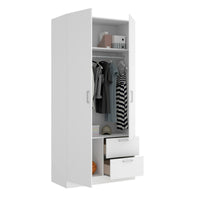 Guardaroba Amp, Mobile appendiabiti per camera da letto, Armadio a 2 ante battenti e 2 cassetti, 100x52h215 cm, Bianco