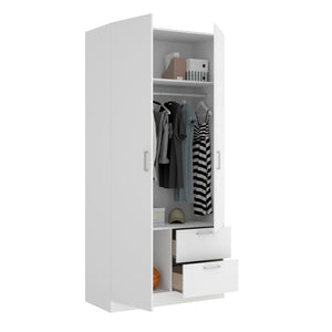 Guardaroba Amp, Mobile appendiabiti per camera da letto, Armadio a 2 ante battenti e 2 cassetti, 100x52h215 cm, Bianco