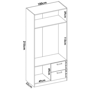 Guardaroba Amp, Mobile appendiabiti per camera da letto, Armadio a 2 ante battenti e 2 cassetti, 100x52h215 cm, Bianco